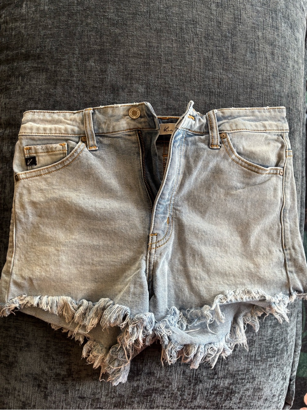 Light Wash Denim Frayed Hem Women's Shorts Kancan Medium